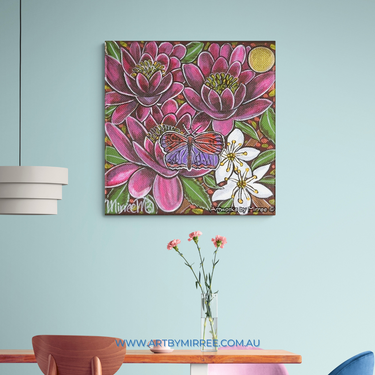 Triple Lotus with flowers and Copperwing Butterfly Framed Canvas Print by Mirree Contemporary Aboriginal Art
